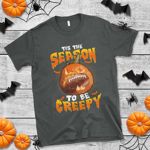 Funny Halloween Football T Shirt Tis The Season To Be Creepy Pumpkin American Football Bat TS11 Dark Heather Print Your Wear