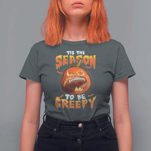 Funny Halloween Football T Shirt For Women Tis The Season To Be Creepy Pumpkin American Football Bat TS11 Dark Heather Print Your Wear