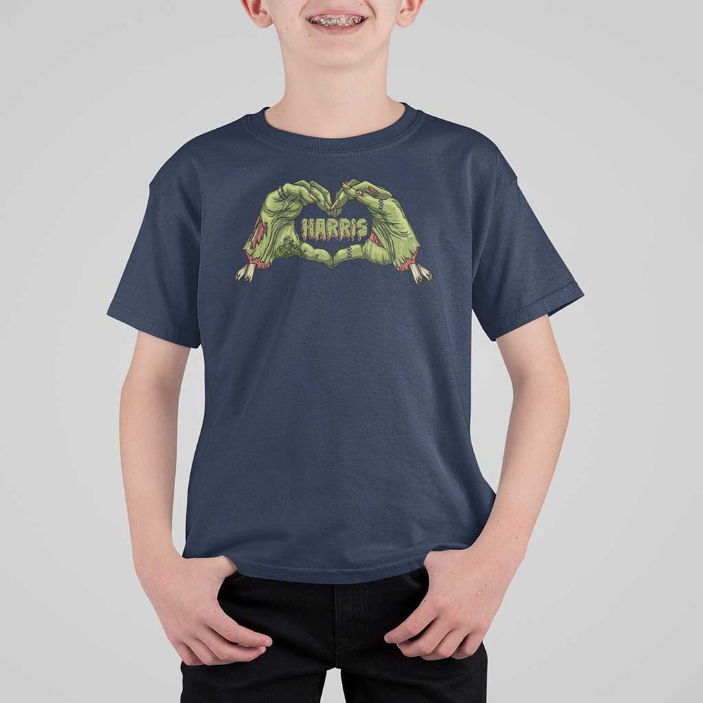 Funny Harris Halloween T Shirt For Kid Harris Heart Green Zombie Hand Election 2024 Costume TS11 Navy Print Your Wear