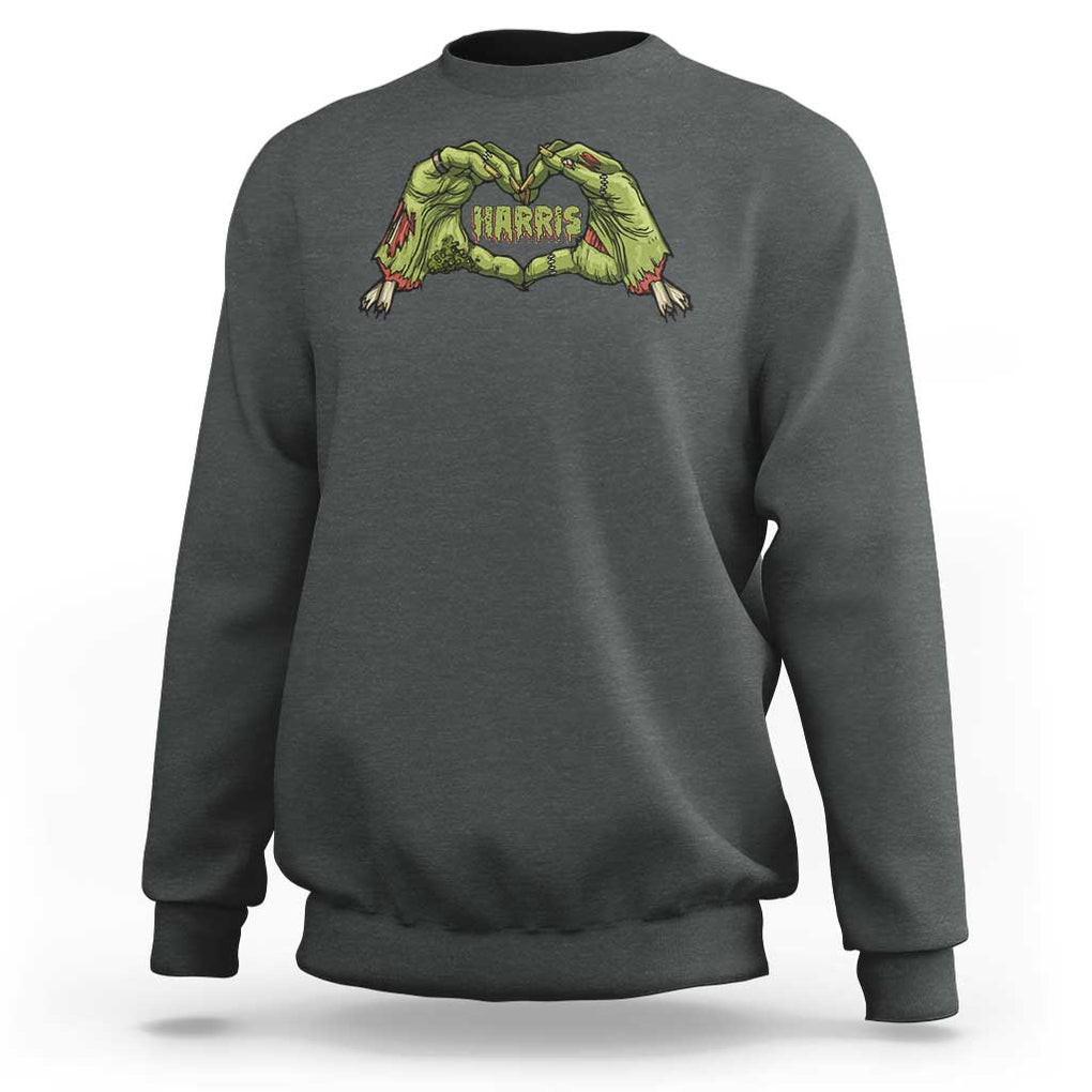 Funny Harris Halloween Sweatshirt Harris Heart Green Zombie Hand Election 2024 Costume TS11 Dark Heather Print Your Wear