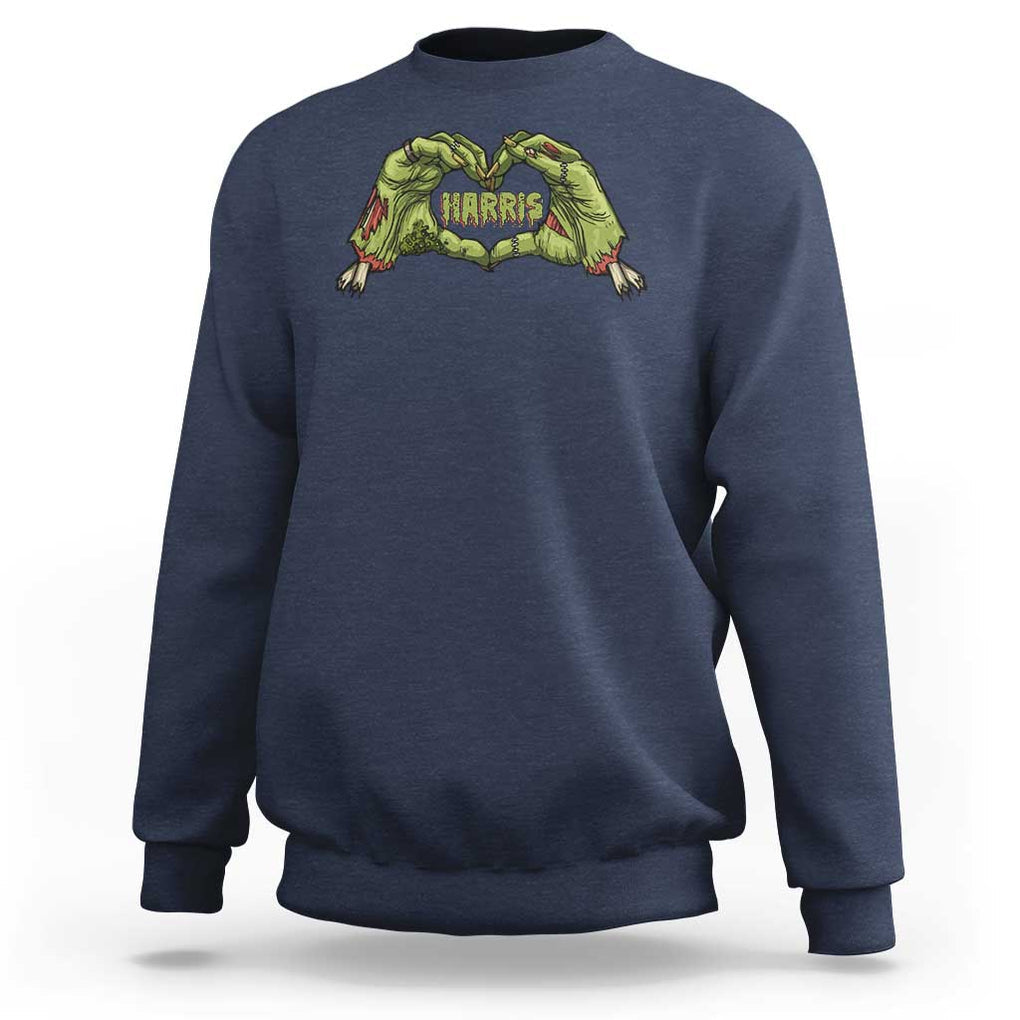 Funny Harris Halloween Sweatshirt Harris Heart Green Zombie Hand Election 2024 Costume TS11 Navy Print Your Wear