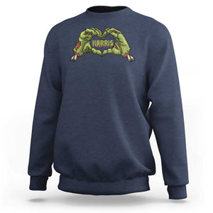 Funny Harris Halloween Sweatshirt Harris Heart Green Zombie Hand Election 2024 Costume TS11 Navy Print Your Wear
