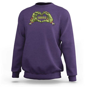 Funny Harris Halloween Sweatshirt Harris Heart Green Zombie Hand Election 2024 Costume TS11 Purple Print Your Wear