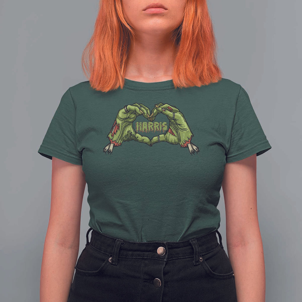 Funny Harris Halloween T Shirt For Women Harris Heart Green Zombie Hand Election 2024 Costume TS11 Dark Forest Green Print Your Wear