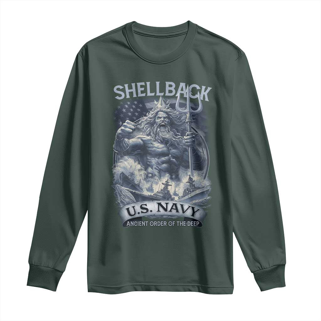 Navy Veteran Long Sleeve Shirt King Neptune Shellback Ancient Order Of The Deep TS11 Dark Forest Green Print Your Wear