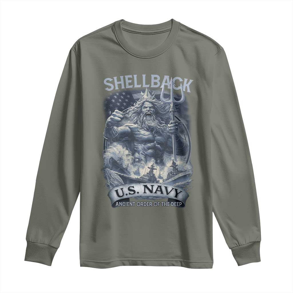 Navy Veteran Long Sleeve Shirt King Neptune Shellback Ancient Order Of The Deep TS11 Military Green Print Your Wear