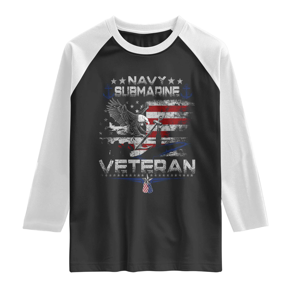 Navy Submarine Veteran Raglan Shirt Military Patriotic Vintage American Flag TS11 Black White Print Your Wear