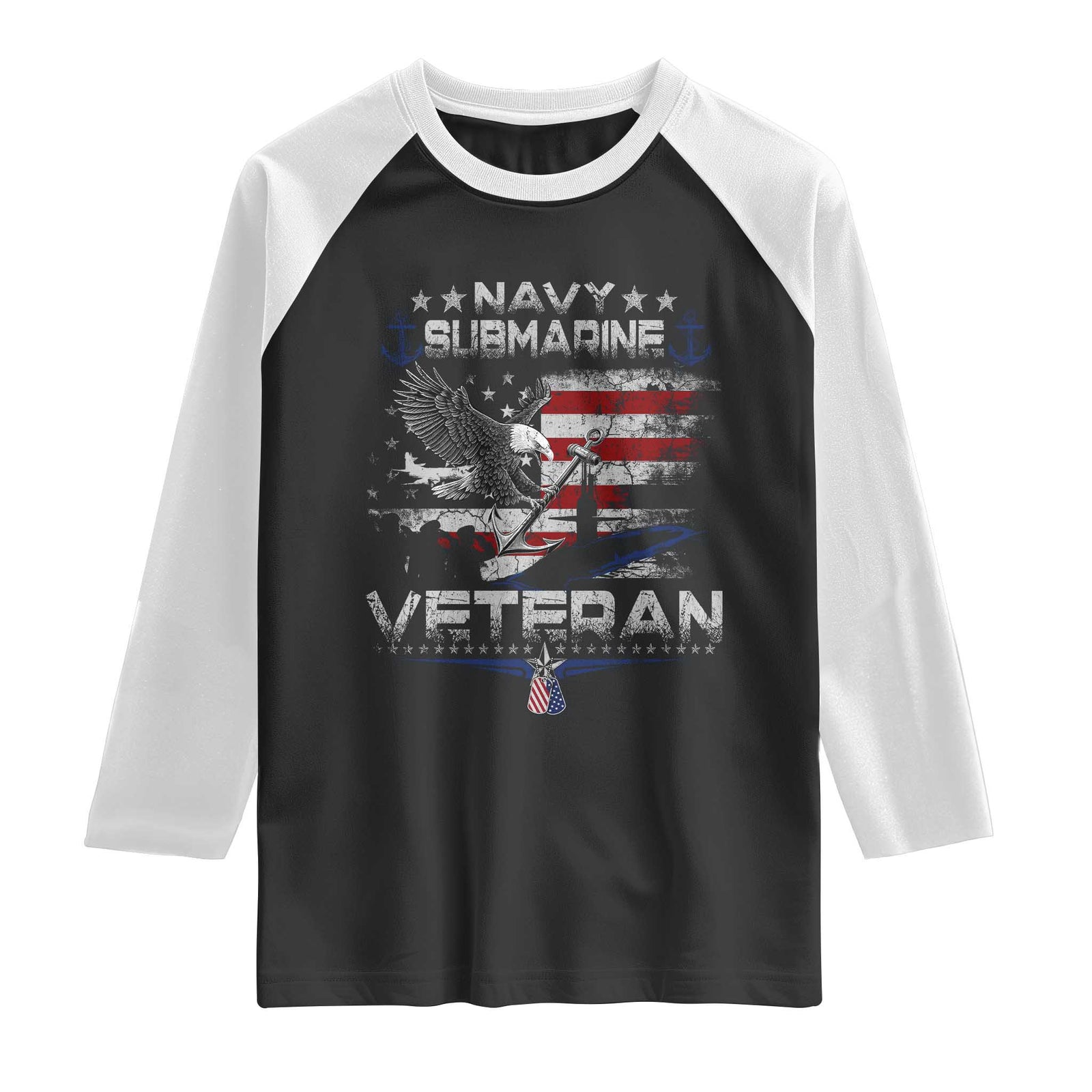 Navy Submarine Veteran Raglan Shirt Military Patriotic Vintage American Flag TS11 Black White Print Your Wear