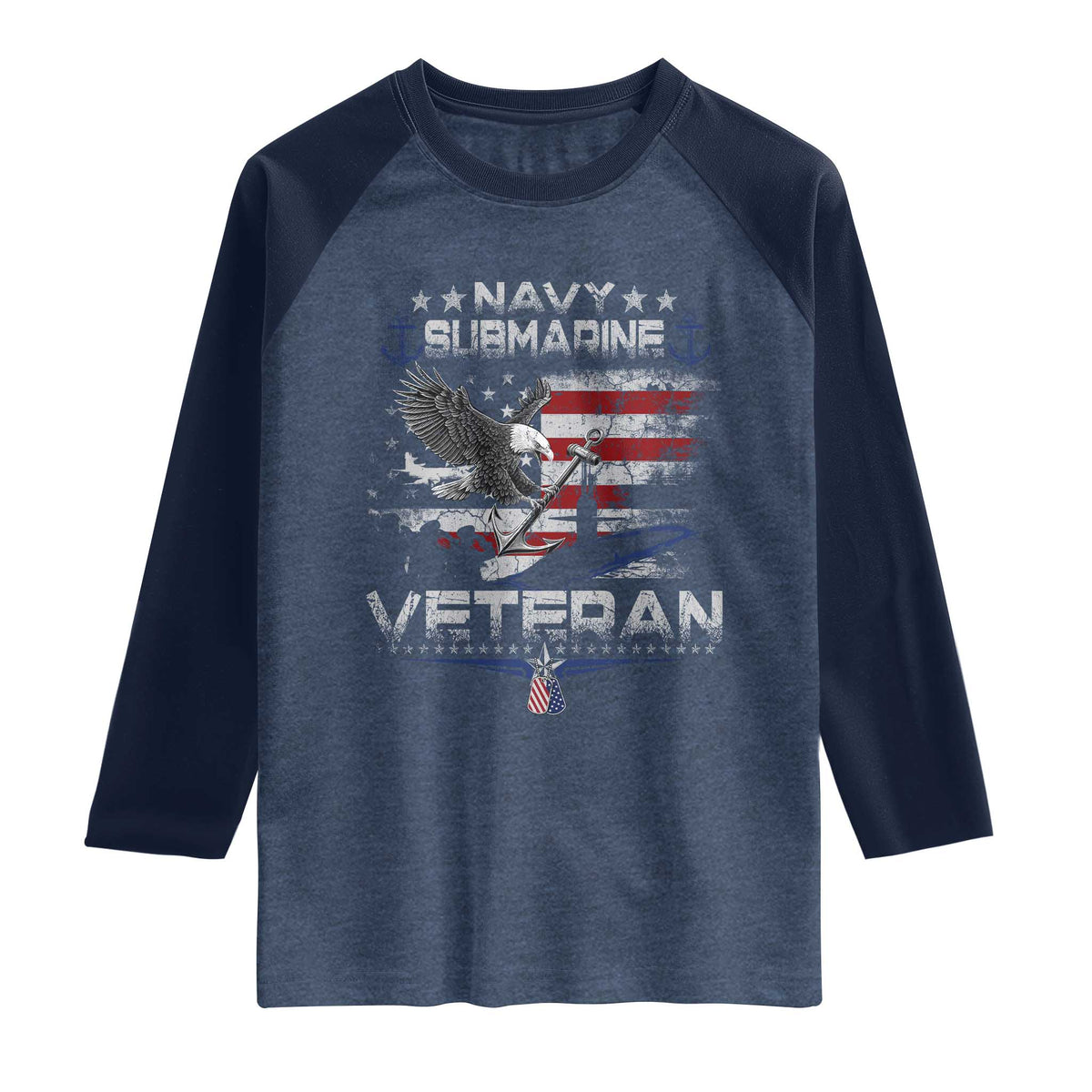Navy Submarine Veteran Raglan Shirt Military Patriotic Vintage American Flag TS11 Heather Denim Navy Print Your Wear