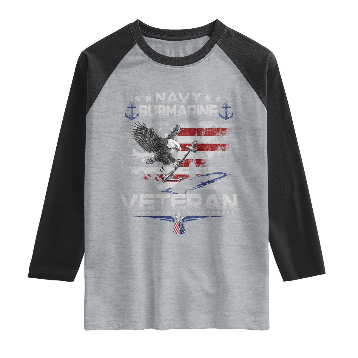 Navy Submarine Veteran Raglan Shirt Military Patriotic Vintage American Flag TS11 Heather Gray Black Print Your Wear