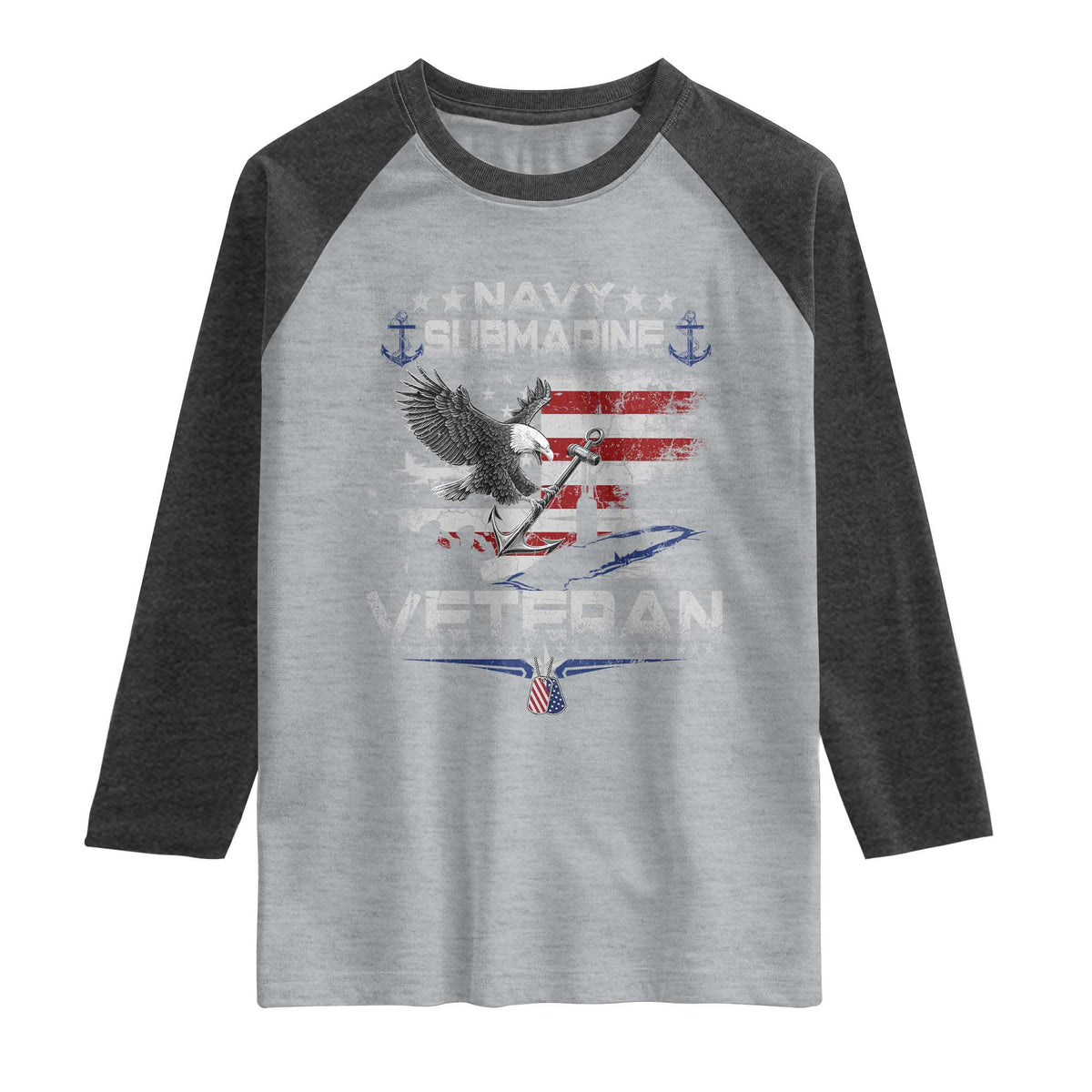 Navy Submarine Veteran Raglan Shirt Military Patriotic Vintage American Flag TS11 Heather Gray Heather Charcoal Print Your Wear