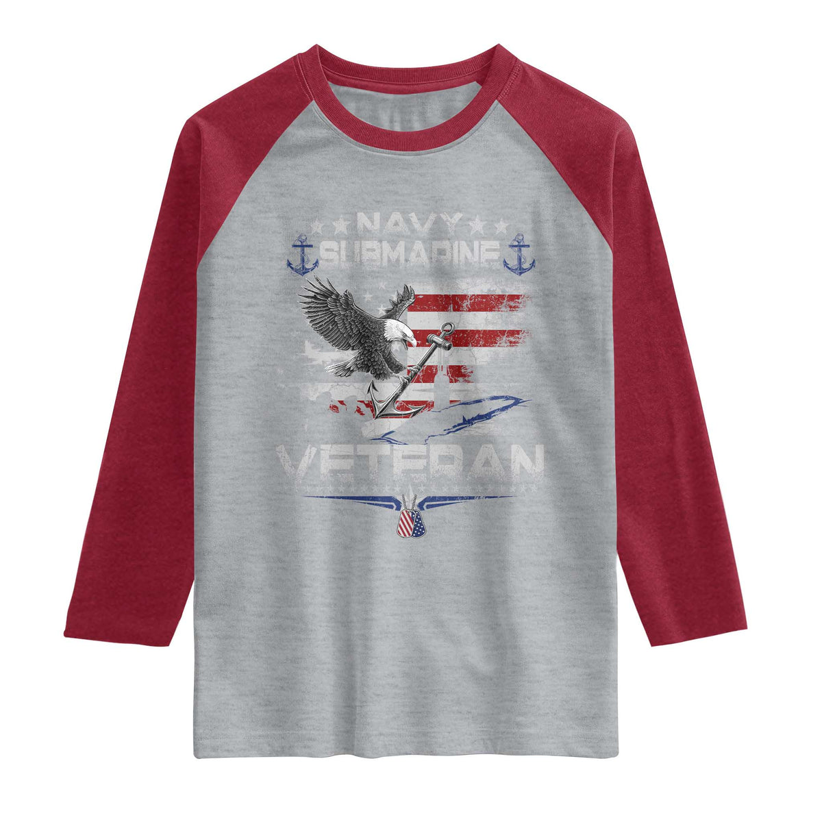 Navy Submarine Veteran Raglan Shirt Military Patriotic Vintage American Flag TS11 Heather Gray Heather Red Print Your Wear