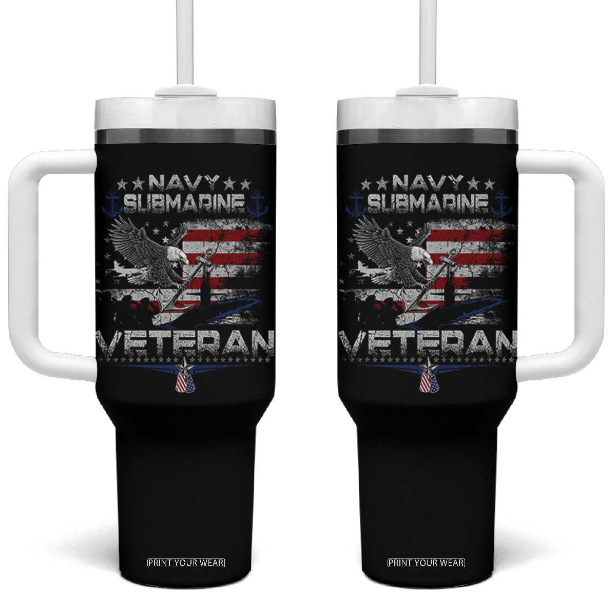 Navy Submarine Veteran Tumbler With Handle Military Patriotic Vintage American Flag TS11 One Size: 40 oz Black Print Your Wear