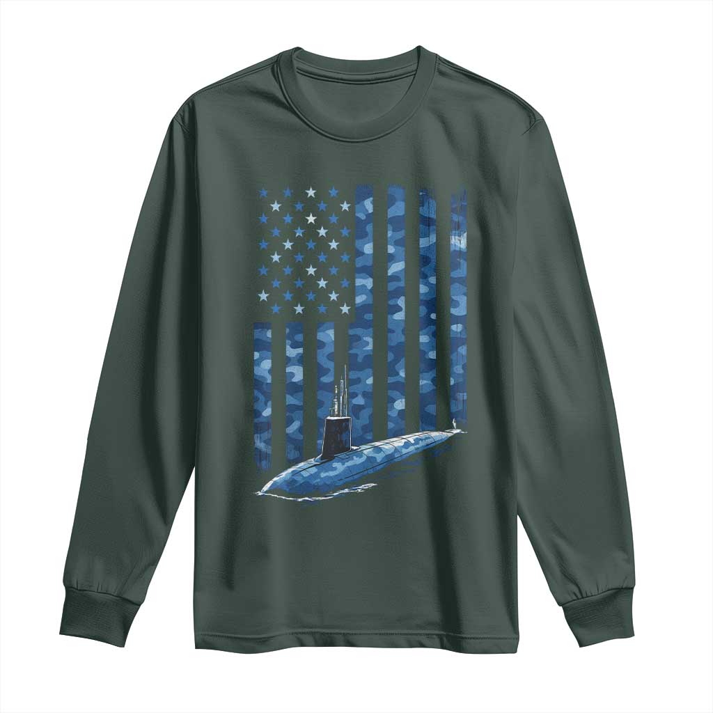 Patriotic Submarine Veteran Long Sleeve Shirt Submariner Vintage Camo American Flag TS11 Dark Forest Green Print Your Wear