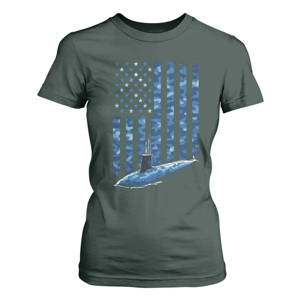 Patriotic Submarine Veteran T Shirt For Women Submariner Vintage Camo American Flag TS11 Dark Forest Green Print Your Wear