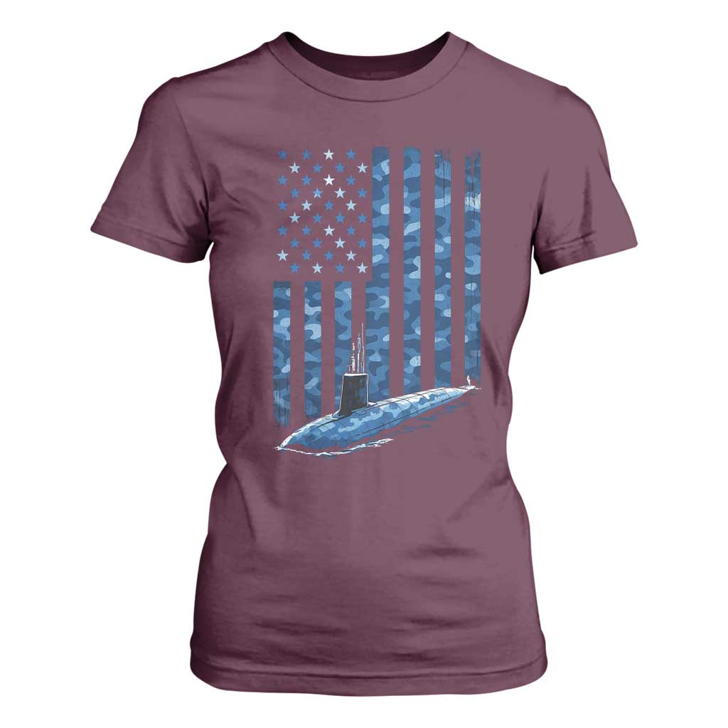 Patriotic Submarine Veteran T Shirt For Women Submariner Vintage Camo American Flag TS11 Maroon Print Your Wear