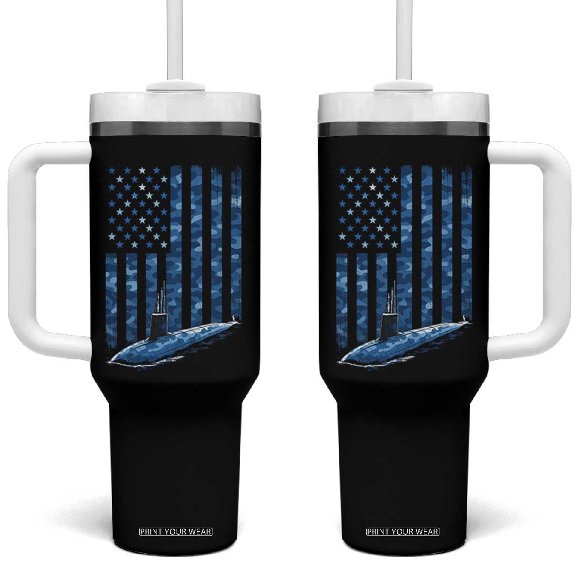 Patriotic Submarine Veteran Tumbler With Handle Submariner Vintage Camo American Flag TS11 One Size: 40 oz Black Print Your Wear