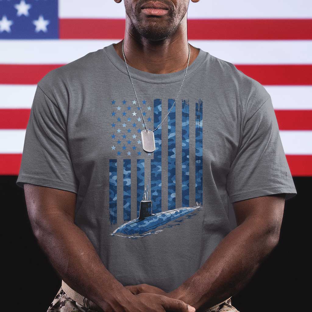 Patriotic Submarine Veteran T Shirt - Submariner Vintage Camo American Flag Military Pride Tee TS11 Charcoal Print Your Wear