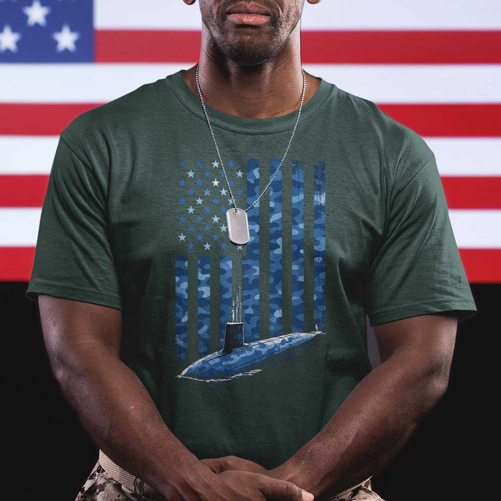 Patriotic Submarine Veteran T Shirt - Submariner Vintage Camo American Flag Military Pride Tee TS11 Dark Forest Green Print Your Wear