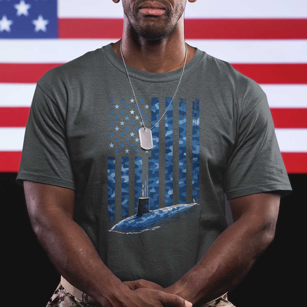 Patriotic Submarine Veteran T Shirt - Submariner Vintage Camo American Flag Military Pride Tee TS11 Dark Heather Print Your Wear