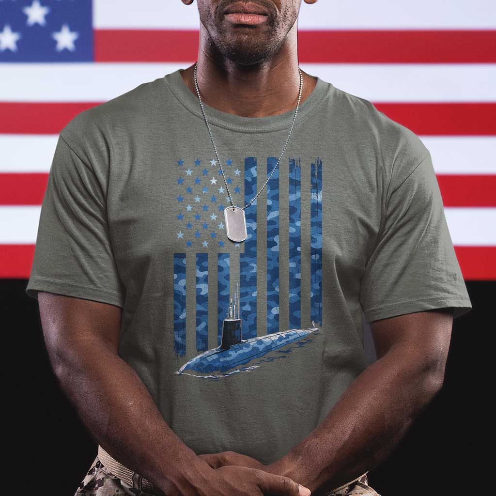 Patriotic Submarine Veteran T Shirt - Submariner Vintage Camo American Flag Military Pride Tee TS11 Military Green Print Your Wear