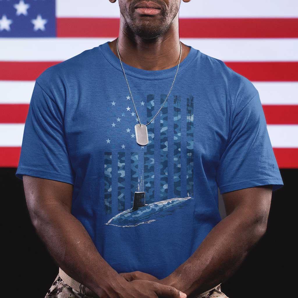 Patriotic Submarine Veteran T Shirt - Submariner Vintage Camo American Flag Military Pride Tee TS11 Royal Blue Print Your Wear