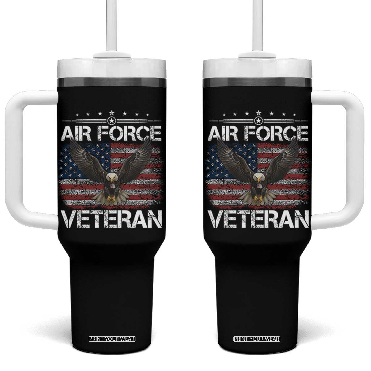 Air Force Veteran Tumbler With Handle Bald Eagle Vintage American Flag TS11 One Size: 40 oz Black Print Your Wear
