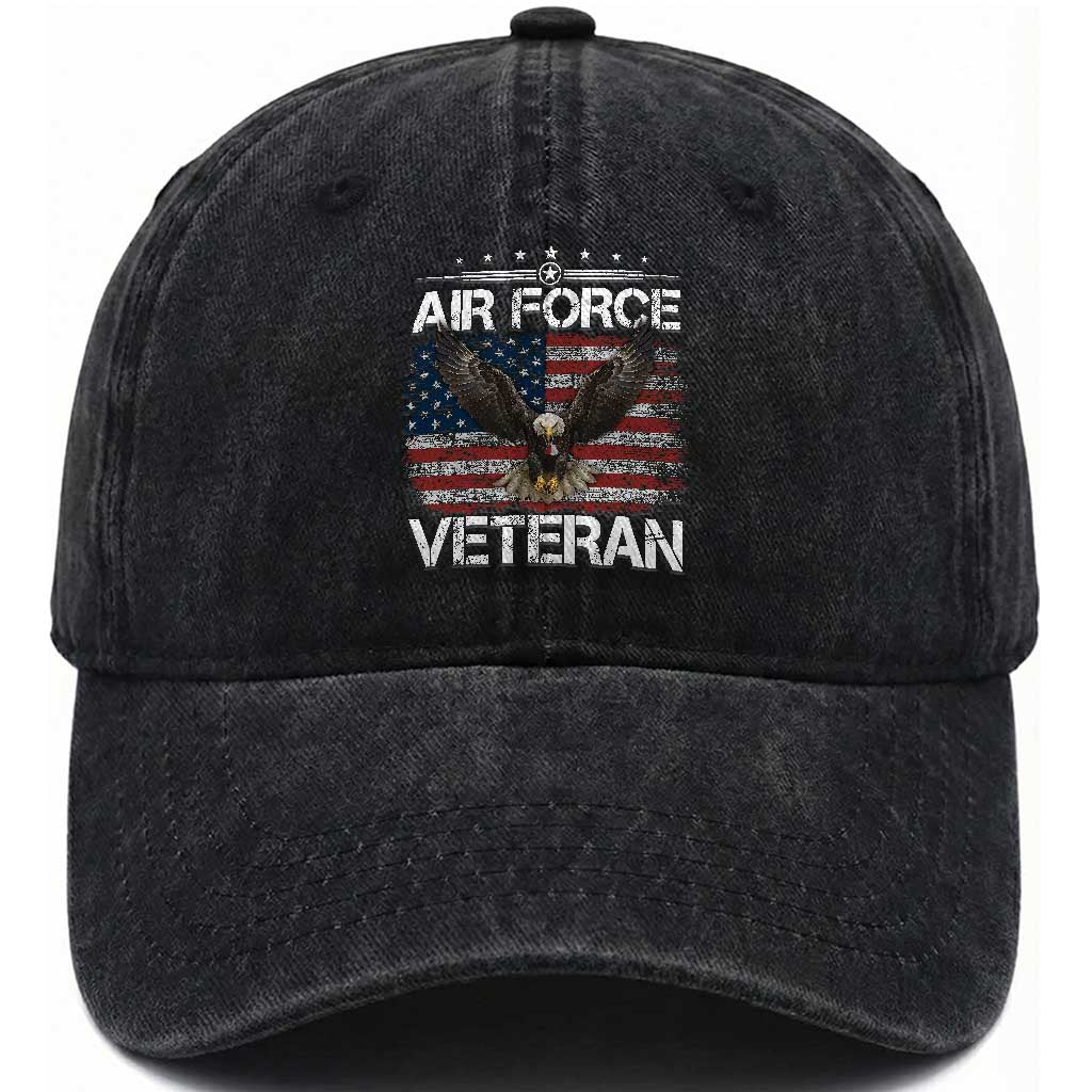 Air Force Veteran Washed Cotton Baseball Cap - Bald Eagle Vintage American Flag TS11 Washed Cap Universal Fit Black Print Your Wear