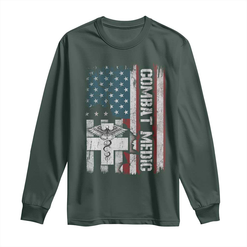 Combat Medic Soldier Long Sleeve Shirt Medical Military American Flag TS11 Dark Forest Green Print Your Wear