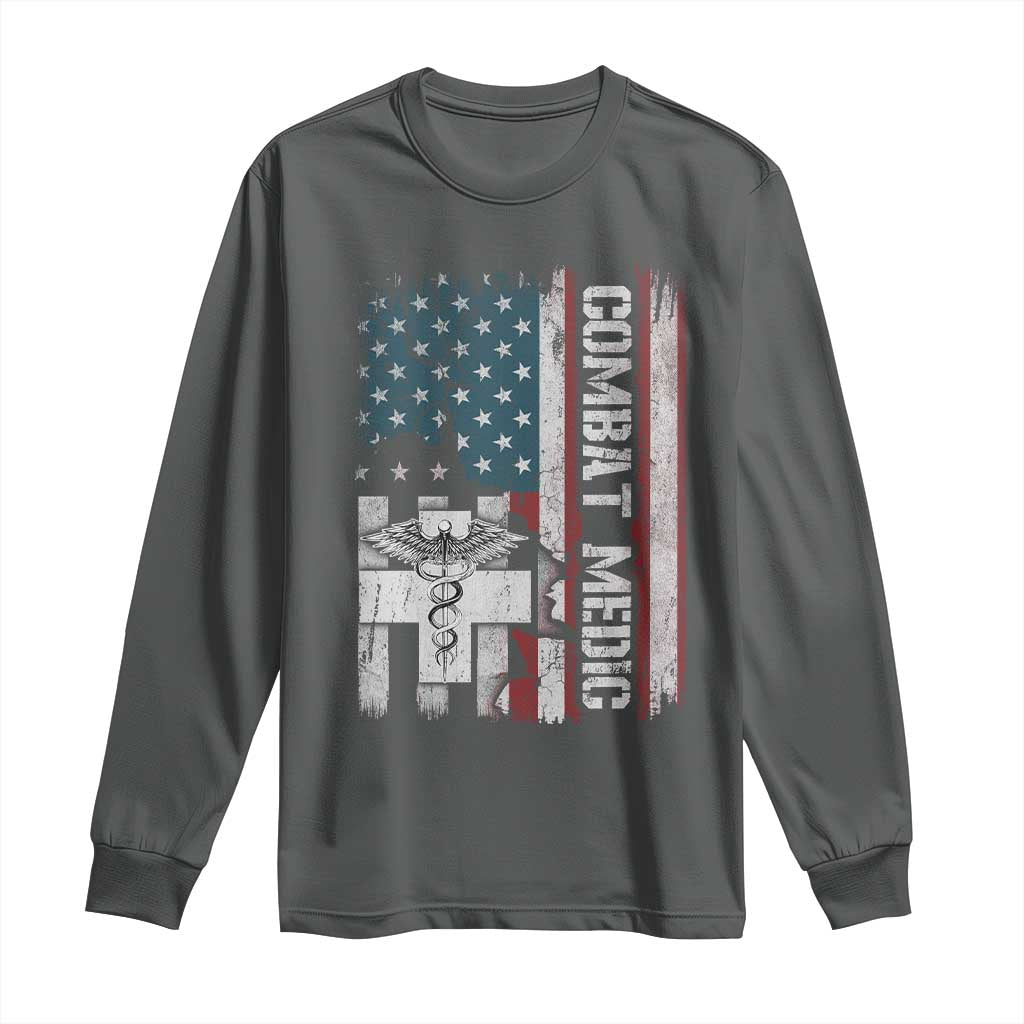 Combat Medic Soldier Long Sleeve Shirt Medical Military American Flag TS11 Dark Heather Print Your Wear