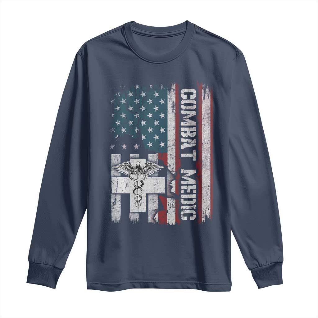 Combat Medic Soldier Long Sleeve Shirt Medical Military American Flag TS11 Navy Print Your Wear