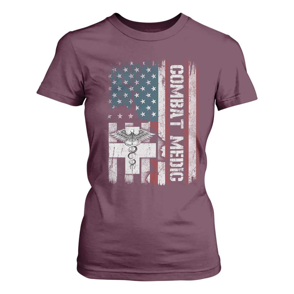 Combat Medic Soldier T Shirt For Women Medical Military American Flag TS11 Maroon Print Your Wear