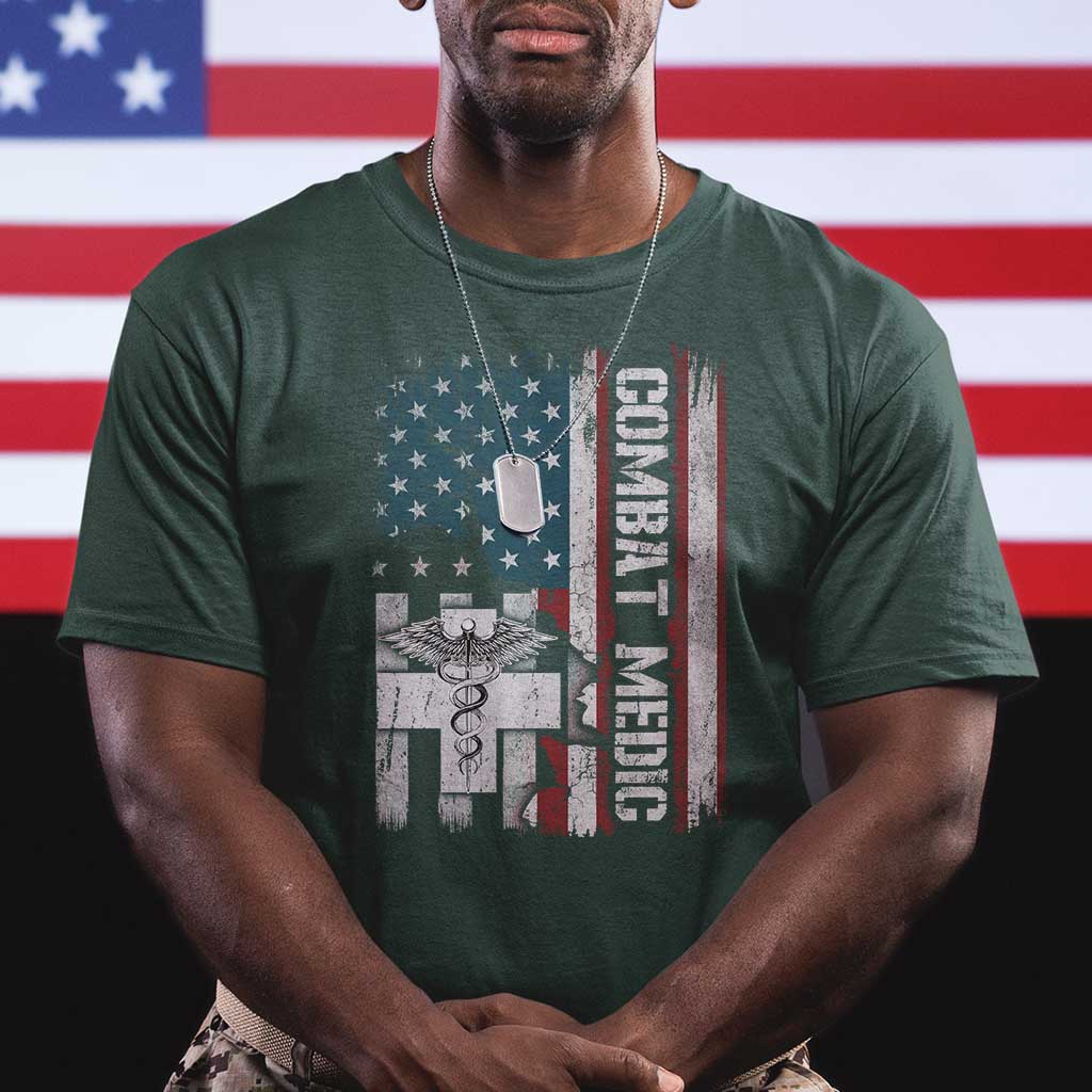 Combat Medic Soldier T Shirt Medical Military American Flag TS11 Dark Forest Green Print Your Wear