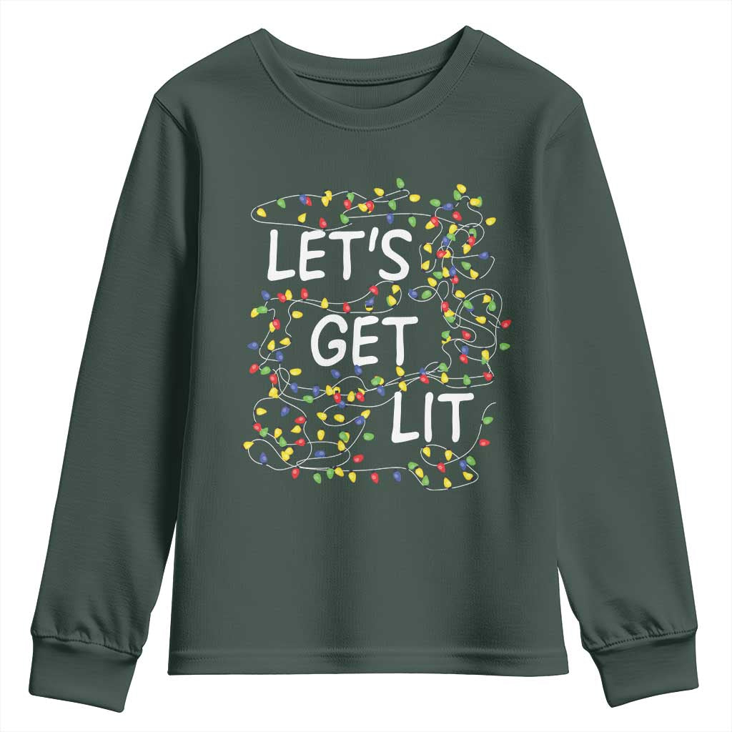 Funny Christmas Youth Sweatshirt Let's Get Lit Led Lights Xmas TS11 Dark Forest Green Print Your Wear