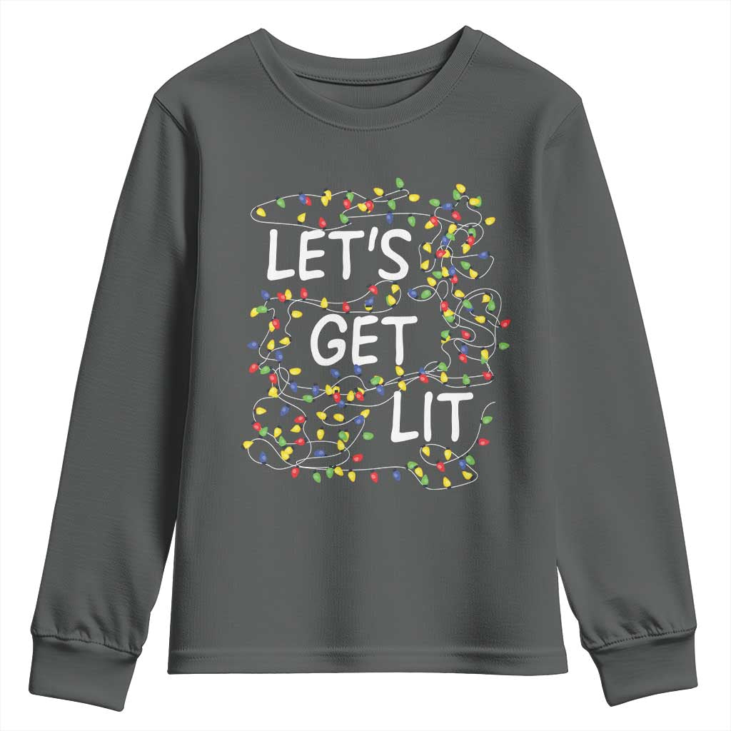 Funny Christmas Youth Sweatshirt Let's Get Lit Led Lights Xmas TS11 Dark Heather Print Your Wear