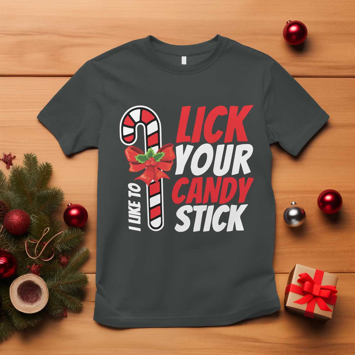 Funny Christmas T Shirt I Like To Lick Your Candy Stick TS11 Dark Heather Print Your Wear