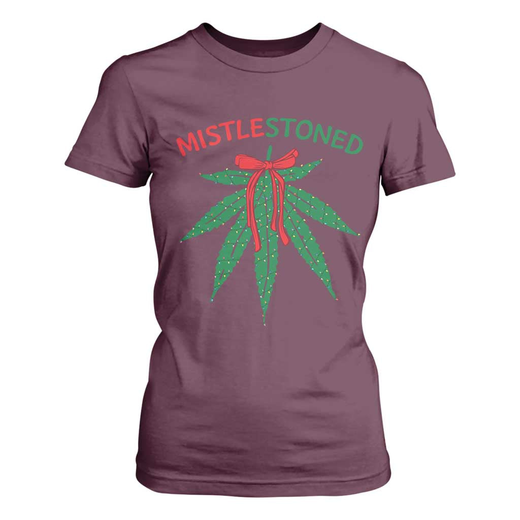 Funny Weed Christmas T Shirt For Women Mistlestoned Mistletoe Led Lights TS11 Maroon Print Your Wear