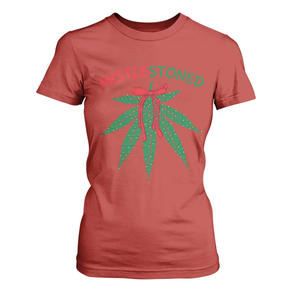 Funny Weed Christmas T Shirt For Women Mistlestoned Mistletoe Led Lights TS11 Red Print Your Wear