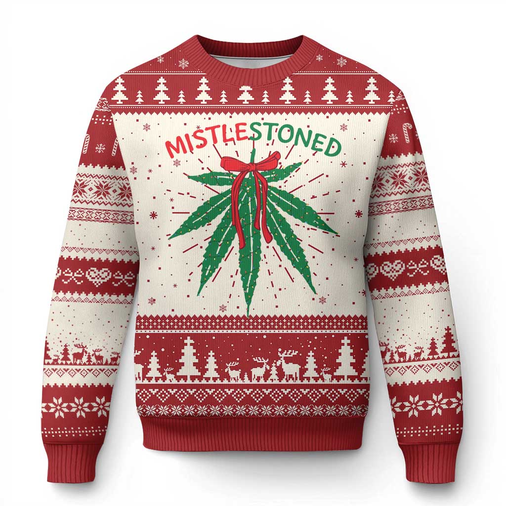 Funny Weed Xmas Ugly Christmas Sweater Mistlestoned Mistletoe Led Lights TS11 Red Print Your Wear