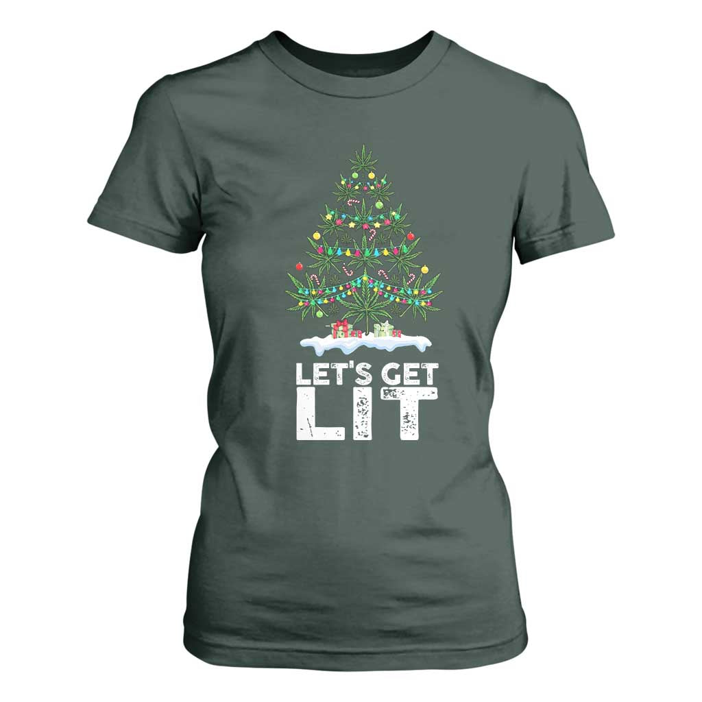 Funny Christmas Weed T Shirt For Women Let's Get Lit Weeds Xmas Tree TS11 Dark Forest Green Print Your Wear