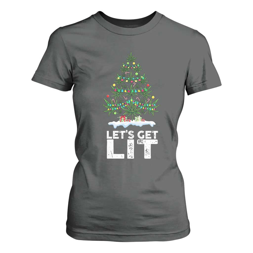 Funny Christmas Weed T Shirt For Women Let's Get Lit Weeds Xmas Tree TS11 Dark Heather Print Your Wear