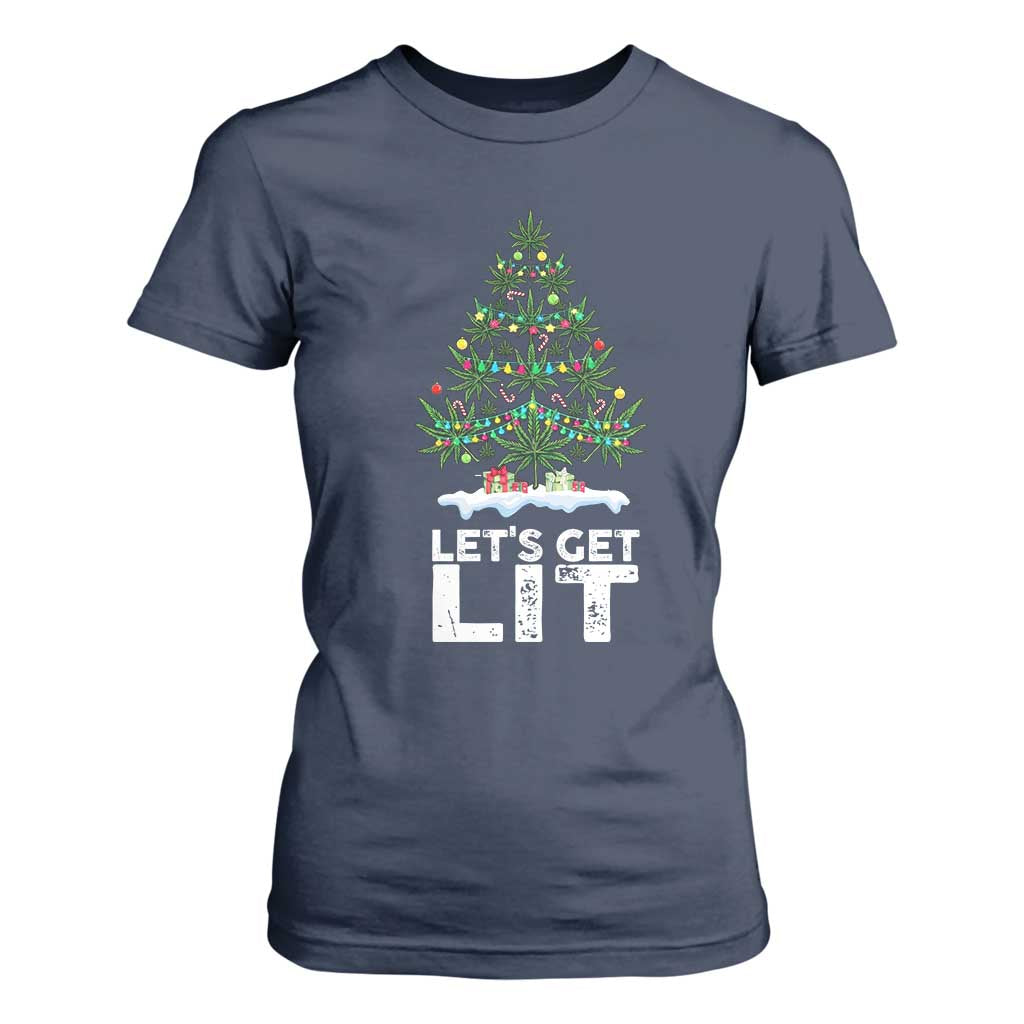 Funny Christmas Weed T Shirt For Women Let's Get Lit Weeds Xmas Tree TS11 Navy Print Your Wear
