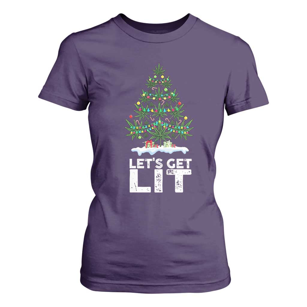 Funny Christmas Weed T Shirt For Women Let's Get Lit Weeds Xmas Tree TS11 Purple Print Your Wear