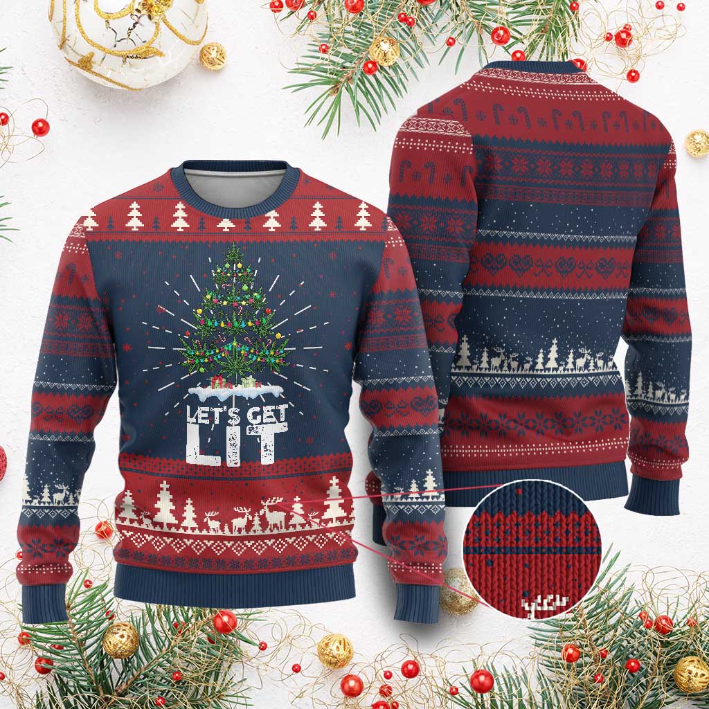 Funny Xmas Weed Ugly Christmas Sweater Let's Get Lit Weeds Xmas Tree TS11 Burgundy Print Your Wear