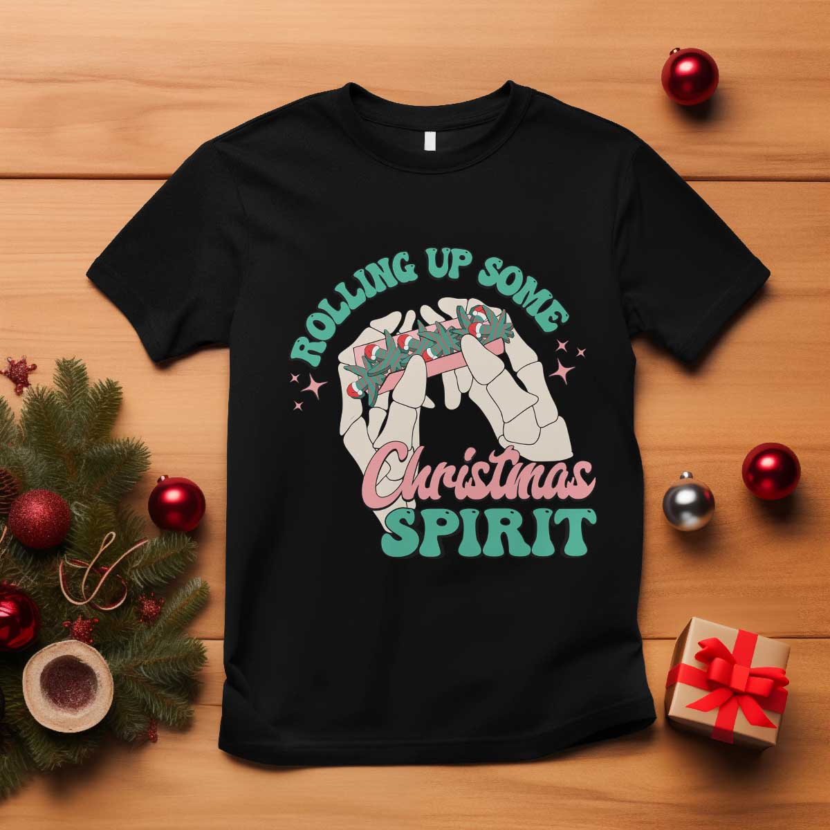 Funny Weed Christmas T Shirt Rolling Up Some Christmas Spirit Skeleton Hand TS11 Black Print Your Wear