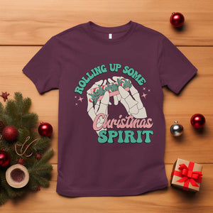 Funny Weed Christmas T Shirt Rolling Up Some Christmas Spirit Skeleton Hand TS11 Maroon Print Your Wear