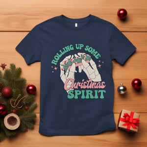 Funny Weed Christmas T Shirt Rolling Up Some Christmas Spirit Skeleton Hand TS11 Navy Print Your Wear