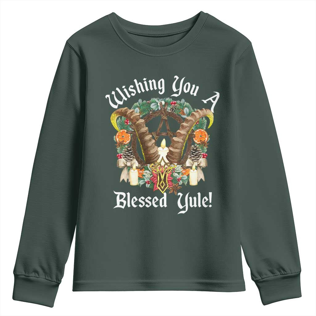 Wishing You A Blessed Yule Youth Sweatshirt Yule Goat Pagan TS11 Dark Forest Green Print Your Wear