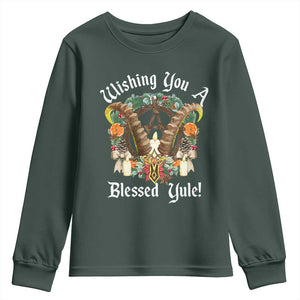 Wishing You A Blessed Yule Youth Sweatshirt Yule Goat Pagan TS11 Dark Forest Green Print Your Wear