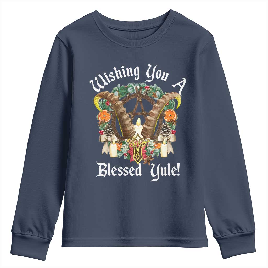 Wishing You A Blessed Yule Youth Sweatshirt Yule Goat Pagan TS11 Navy Print Your Wear